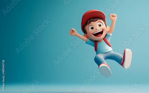 3 d illustration of happy boy in red cap jumping 