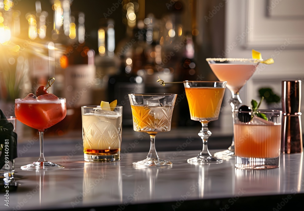 Elegant Cocktail Collection on Bar Counter Elegant Cocktail Collection on Bar Counter