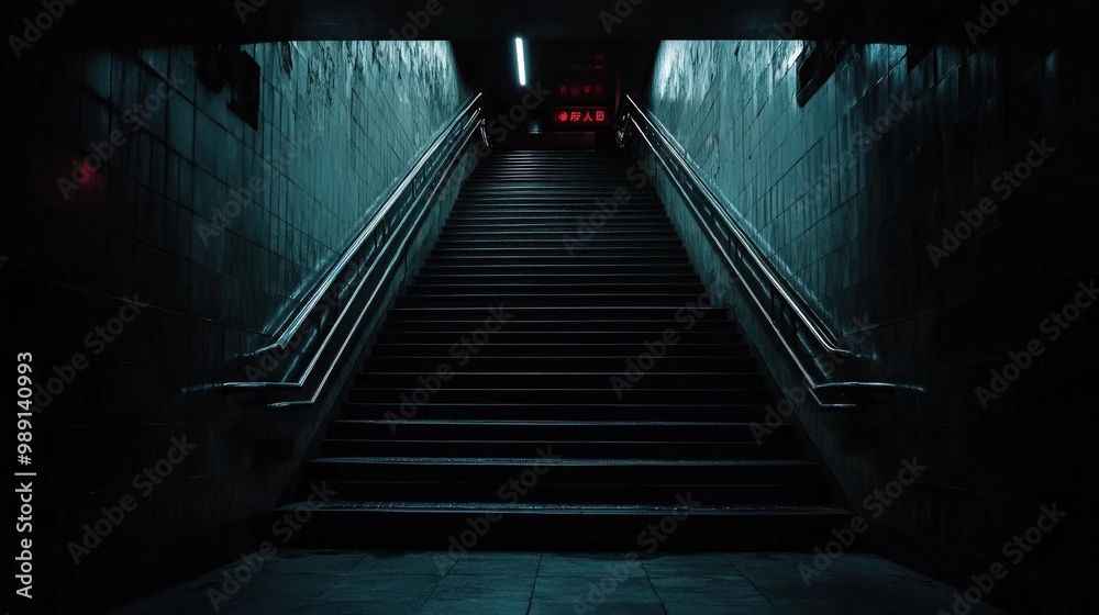 A dimly lit staircase descends into an eerie underground passage with cold, blue lighting, evoking a sense of mystery and anticipation of where it may lead. A dimly lit staircase descends into an eerie underground passage with cold, blue lighting, evoking a sense of mystery and anticipation of where it may lead.