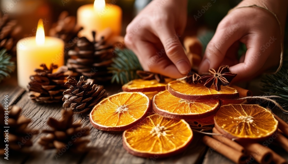 Manos arreglando adornos navideños hechos de rodajas secas de naranja, piñas y ramas de pino, creando decoraciones naturales para la Navidad. Manos arreglando adornos navideños hechos de rodajas secas de naranja, piñas y ramas de pino, creando decoraciones naturales para la Navidad.