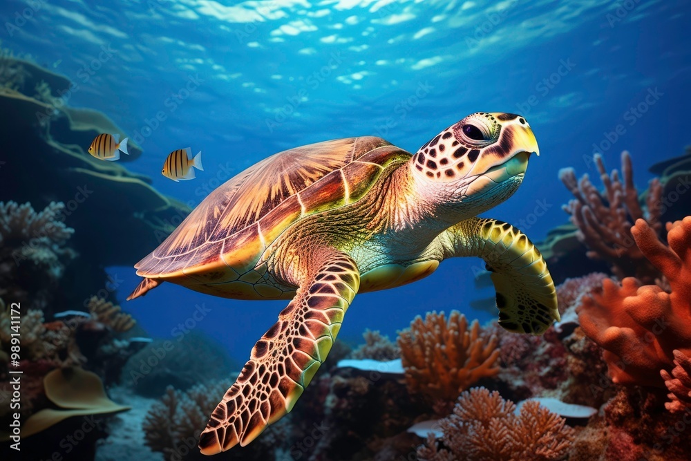 Obraz premium A turtle swims in the sea, with a school of fish swimming nearby. with coral reefs and fish creating a beautiful underwater view. Generative AI