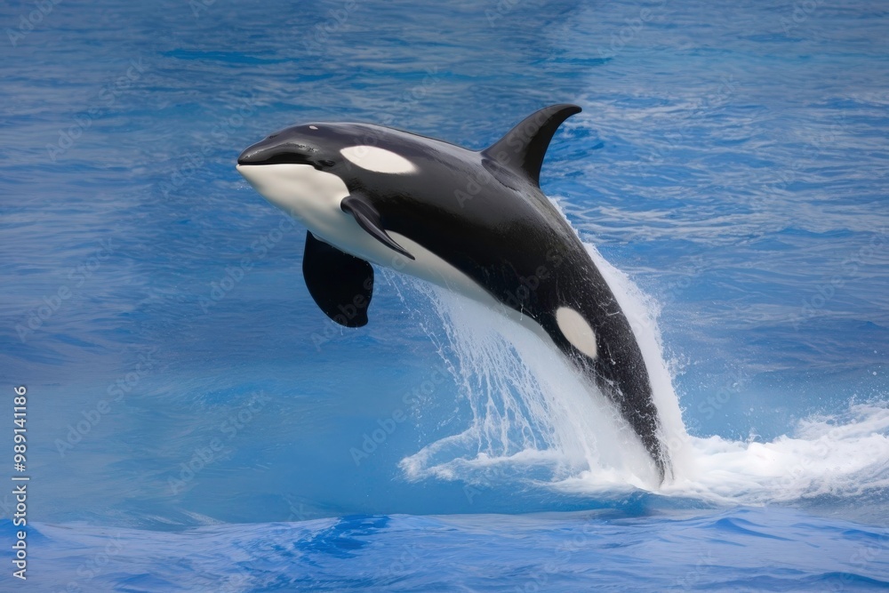 Obraz premium A black and white orca whale leaps out of the water. Concept of freedom and power as the whale soars through the air. Generative AI