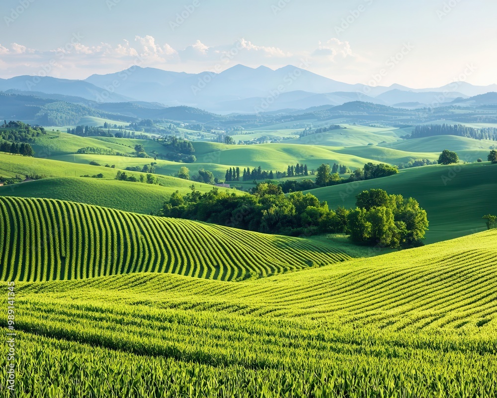 Lush green hills with a patchwork of fertile farmland, soft sunlight, serene atmosphere, photorealistic, dynamic wide-angle view Lush green hills with a patchwork of fertile farmland, soft sunlight, serene atmosphere, photorealistic, dynamic wide-angle view
