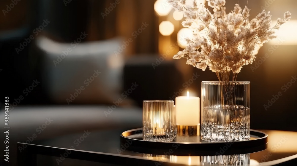 A beautifully arranged table setting featuring lit candles and delicate dried flowers, creating a serene and cozy atmosphere perfect for an elegant evening or relaxation. A beautifully arranged table setting featuring lit candles and delicate dried flowers, creating a serene and cozy atmosphere perfect for an elegant evening or relaxation.