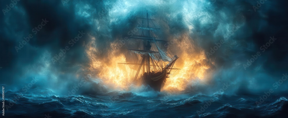 majestic sailing ship battles raging storm at sea dramatic lighting illuminates towering waves and billowing sails intense struggle between man and nature captured in vivid detail majestic sailing ship battles raging storm at sea dramatic lighting illuminates towering waves and billowing sails intense struggle between man and nature captured in vivid detail