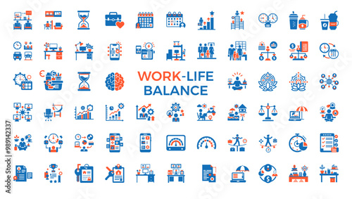 work life balance blue red icons person situations environments work personal life, flexibility adaptation integration resilience