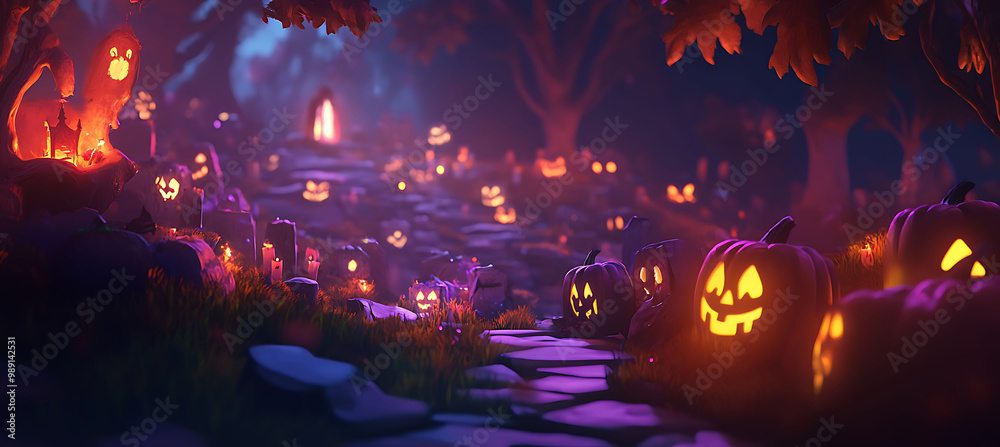 Obraz premium Halloween card features a spooky design with a large blank area on the lower right perfect for a custom note surrounded by subtle 3D textures that seamlessly blend into the eerie 2D layout