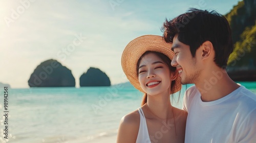 Wallpaper Mural Close up portrait of asian man and woman model couple on the beach feeling happy Torontodigital.ca