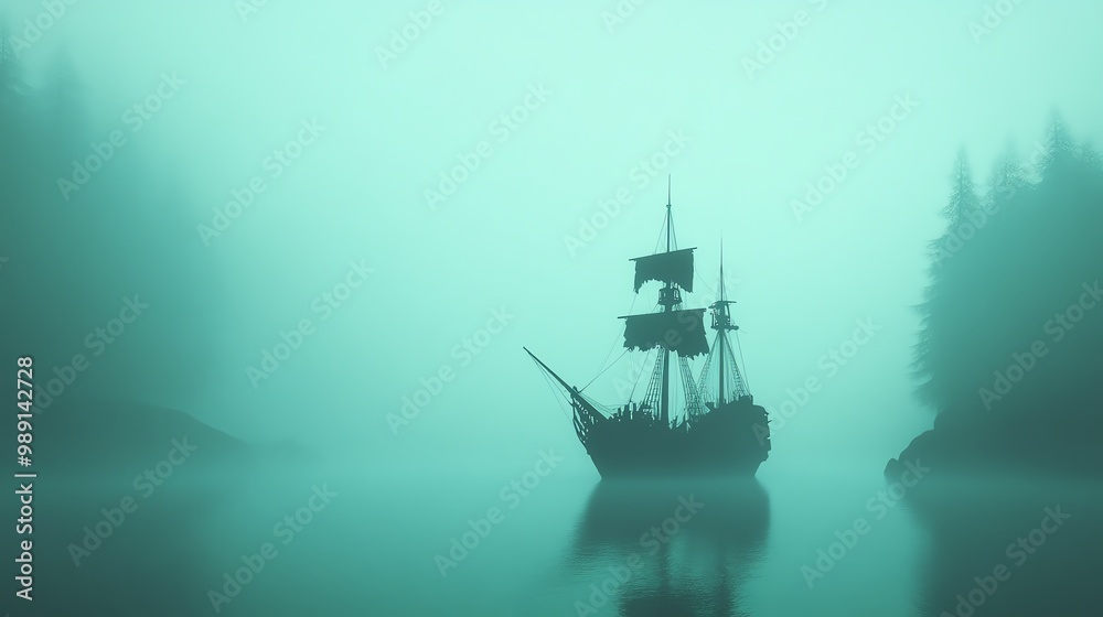 Ghostly ship, sailing through mist, gothic adventure Ghostly ship, sailing through mist, gothic adventure