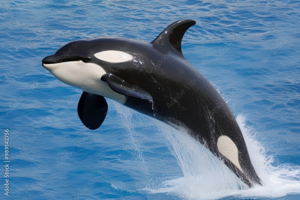 Fototapeta premium A black and white orca whale leaps out of the water. Concept of freedom and power as the whale soars through the air. Generative AI