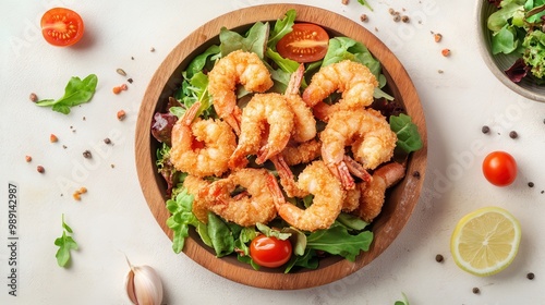 A vibrant salad topped with cooked shrimp and cherry tomatoes, ideal for a healthy meal.