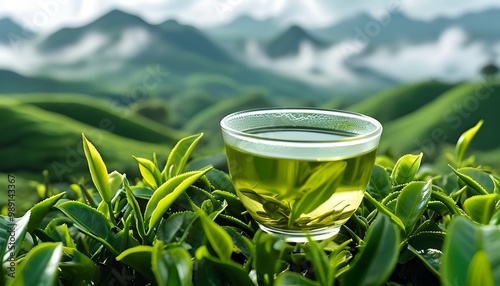 Serene green tea closeup surrounded by vibrant leaves, set against mist-covered mountains creating a picturesque landscape photo