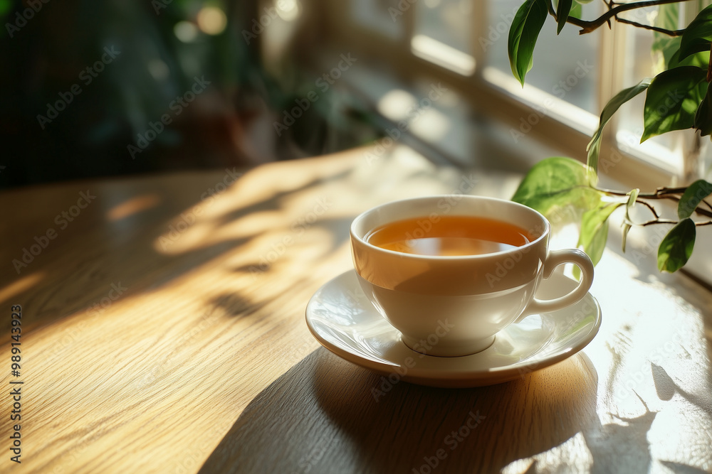 Cup of hot tea and tea leaf on the wooden table and the tea plantations background
Cup of hot tea and tea leaf on the wooden table and the tea plantations background