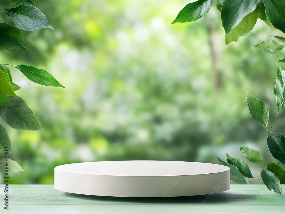 Minimalist 3D Rendering of a White Pedestal Stand for Product Display Against a Natural Green Leaf Background Minimalist 3D Rendering of a White Pedestal Stand for Product Display Against a Natural Green Leaf Background