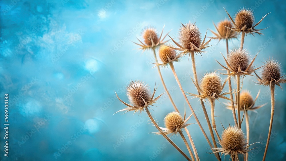 A serene blue toned background featuring delicate dried thistle flowers A serene blue toned background featuring delicate dried thistle flowers
