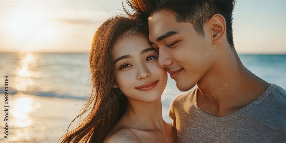 Close up portrait of asian man and woman model couple on the beach feeling happy Close up portrait of asian man and woman model couple on the beach feeling happy