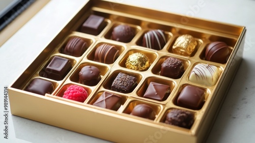 A beautiful, golden chocolate box with different kinds of chocolates. It's perfect for special occasions, gifts, and enjoying a treat.