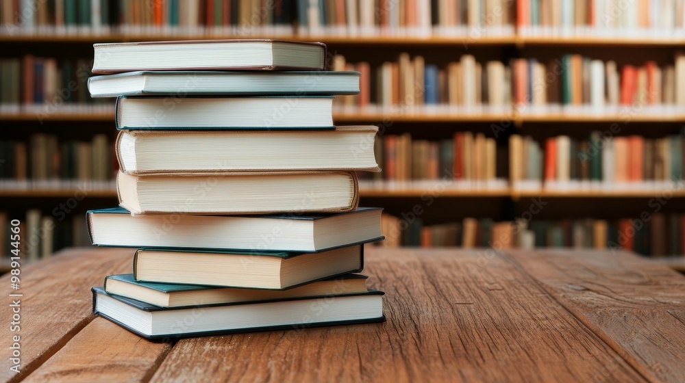 Neatly Stacked Books on a Wooden Table Signifying Education and Learning Neatly Stacked Books on a Wooden Table Signifying Education and Learning