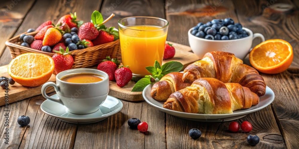 Breakfast setup with freshly baked croissants, a cup of coffee, orange juice, assorted fruits, and berries on a wooden table Breakfast setup with freshly baked croissants, a cup of coffee, orange juice, assorted fruits, and berries on a wooden table