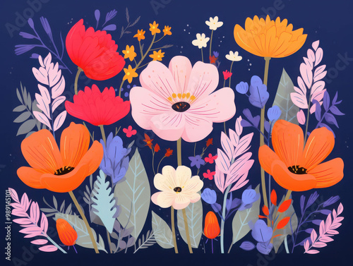 Floral Rhapsody in Twilight Hues: Vibrant poppies and delicate blossoms dance across a midnight canvas, a symphony of color and life.