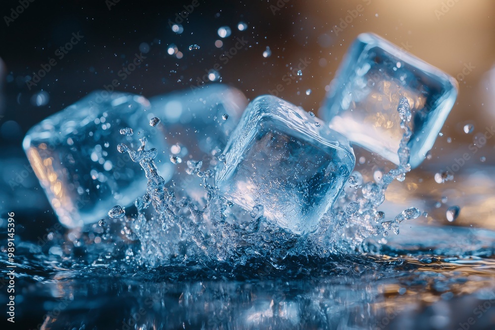 Ice Cubes Splashing into Water