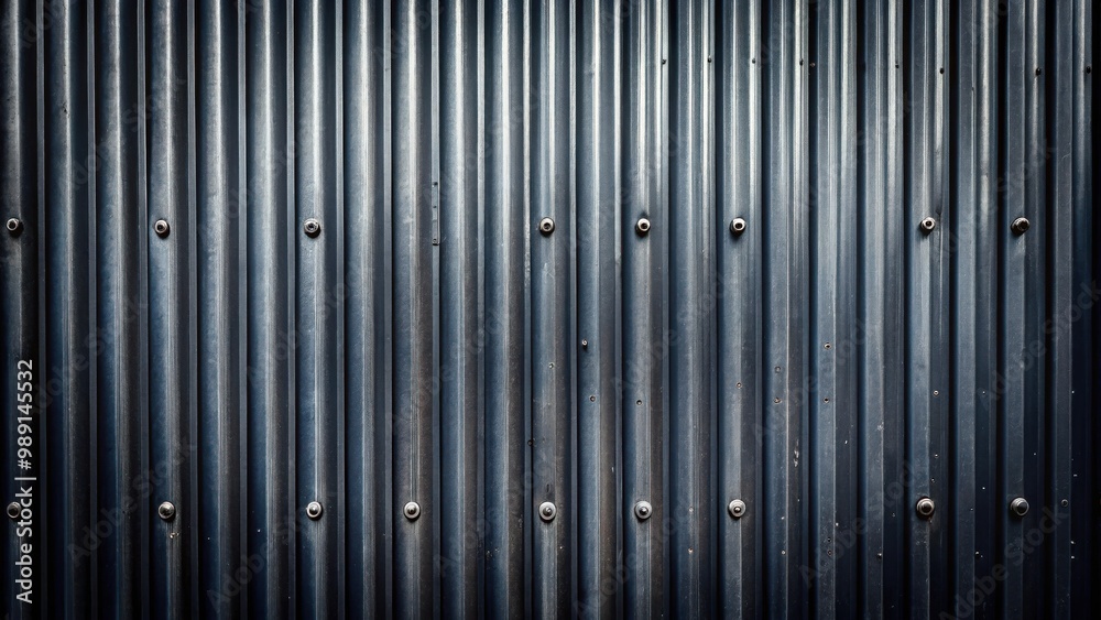 Dark corrugated metal wall with bolts, creating an industrial textured surface Dark corrugated metal wall with bolts, creating an industrial textured surface