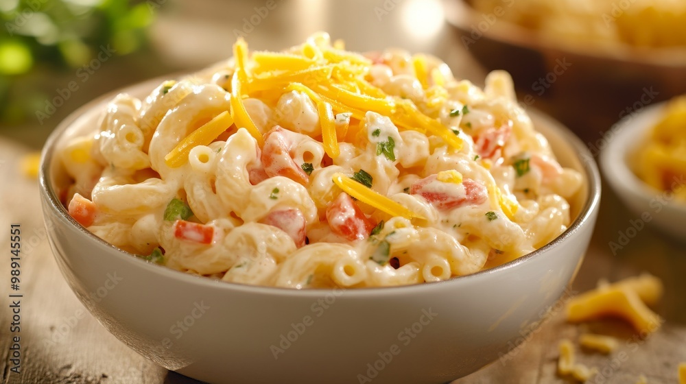 A bowl filled with macaroni salad topped with cheese. A bowl filled with macaroni salad topped with cheese.