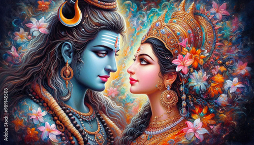 Hindu religious god Shiva or shiv with goddess Parvati in colorful flower texture design for religious, Hindu festival Maha Shivratri concept background