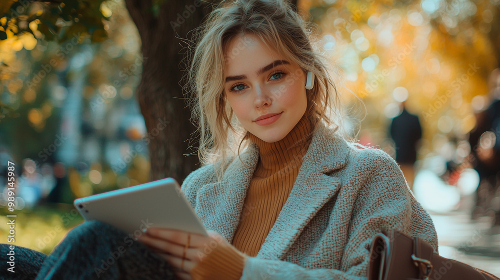 Obraz premium Businesswoman Working Remotely Outdoors with Tablet on a Sunny Day