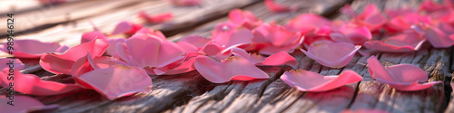 Soft Pink Rose Petals: A close-up of delicate pink rose petals scattered on a wooden table.