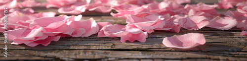 Soft Pink Rose Petals: A close-up of delicate pink rose petals scattered on a wooden table.