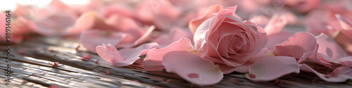 Soft Pink Rose Petals: A close-up of delicate pink rose petals scattered on a wooden table.