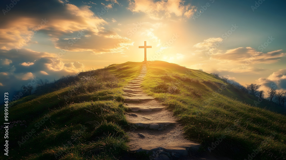 Path with stairs leading to Christian cross on hill. Happy easter. Christian symbol of faith. Path with stairs leading to Christian cross on hill. Happy easter. Christian symbol of faith.