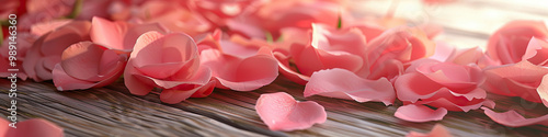 Soft Pink Rose Petals: A close-up of delicate pink rose petals scattered on a wooden table.