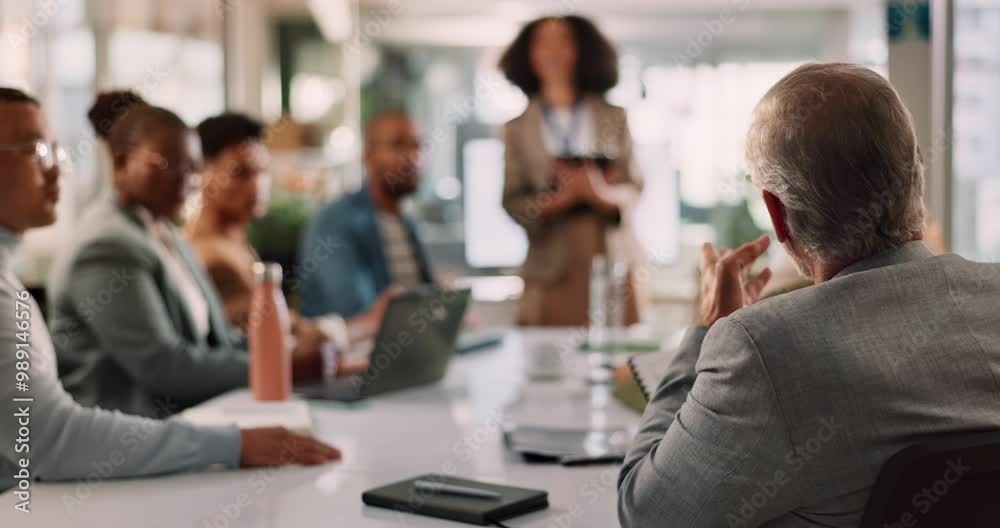 Business people, meeting and presentation with question for planning, discussion and insights in company. Team, seminar and presenter in workshop, project analytics or communication in modern office