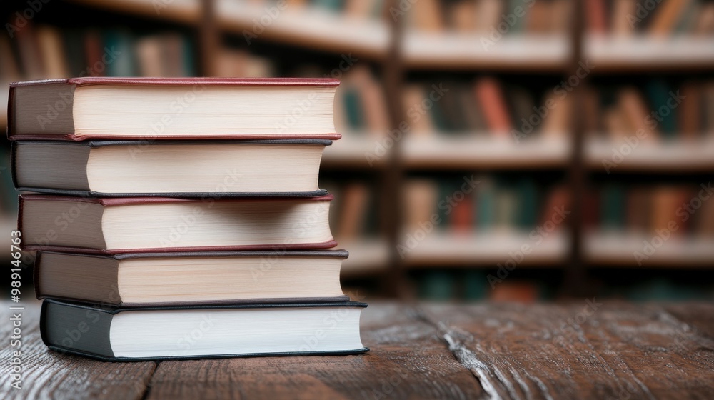 Stack of Books Displayed on Wooden Table in Library or Study Room Stack of Books Displayed on Wooden Table in Library or Study Room