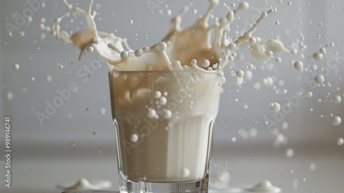 A glass of milk explodes in a dramatic splash, creating a mesmerizing white mist.