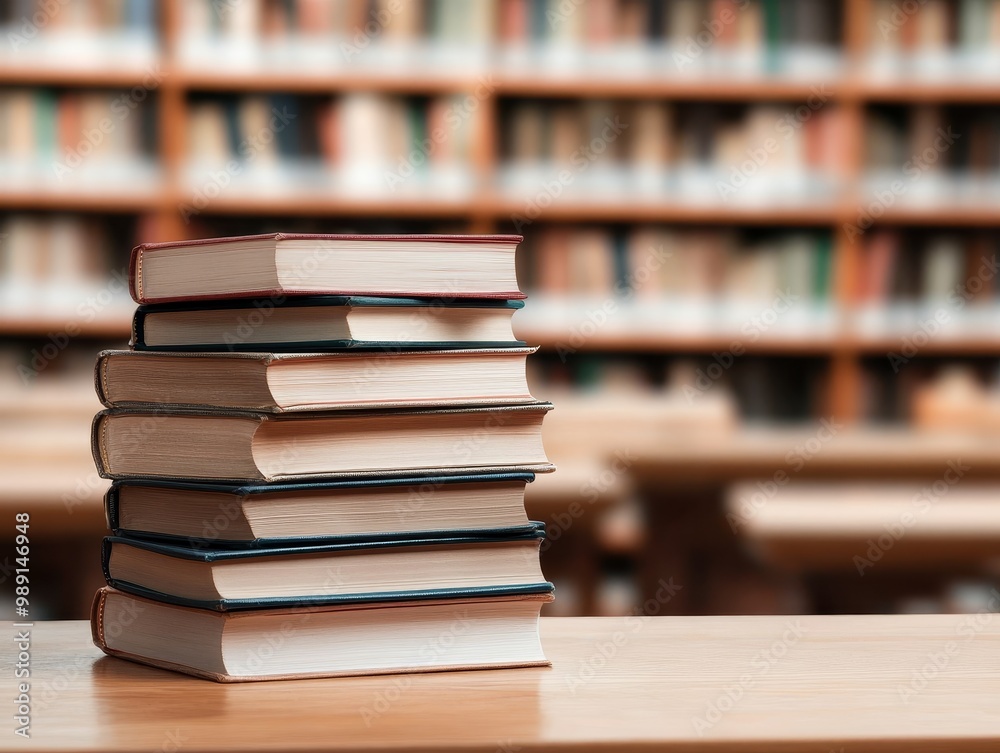 Stacked Books Against a Wooden Bookshelf in a Library Setting Stacked Books Against a Wooden Bookshelf in a Library Setting