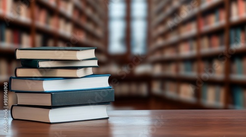Stack of Books on Wooden Table in Library or Study Room