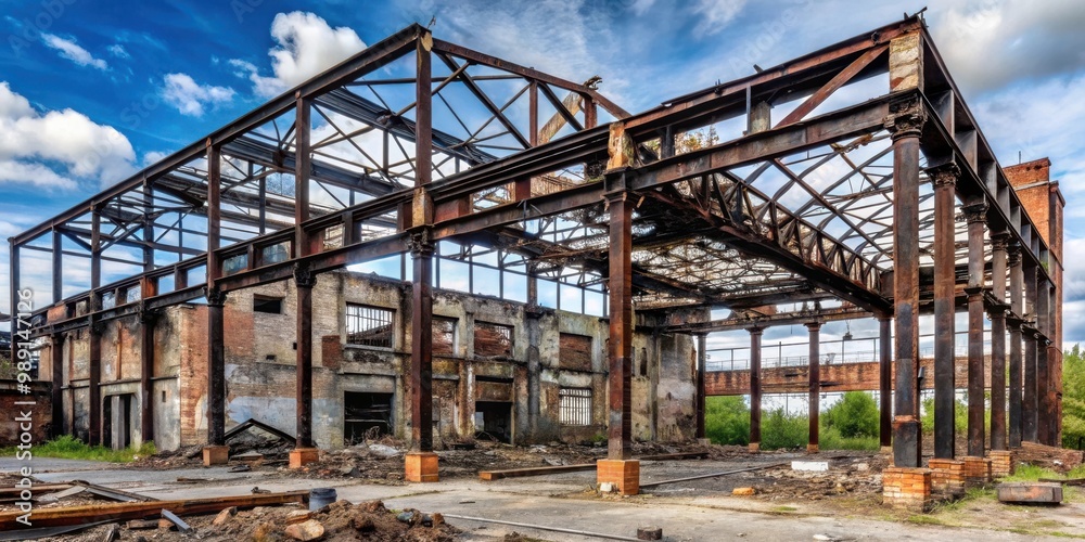 Ruined old building with black soot stains and collapsed rusted steel frame Ruined old building with black soot stains and collapsed rusted steel frame