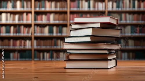 Stacked Books on Wooden Desk in Library or Bookshop Setting