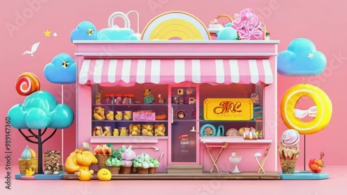 A colorful cartoon-style shop front displaying various sweets and snacks.