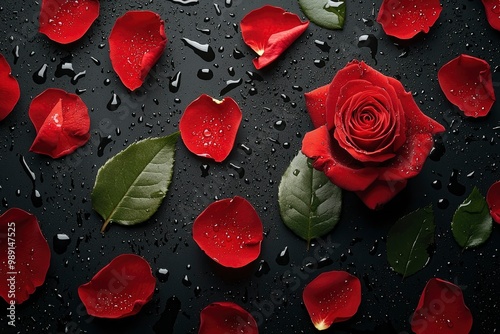 A Single Red Rose and Petals with Water Drops on a Black Background