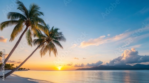 Stunning Tropical Sunset at Idyllic Beach Resort with Palm Trees