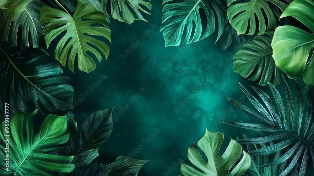 Tropical leaf banner on a vibrant emerald background. Featuring exotic botanical patterns in lush jungle hues, this design exudes natural beauty. Tropical leaf banner on a vibrant emerald background. Featuring exotic botanical patterns in lush jungle hues, this design exudes natural beauty.
