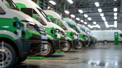 Wallpaper Mural Image shows electric vans charging in an indoor station. Neat rows, multiple vans plugged in. Organized setting highlights focus on EV infrastructure. Torontodigital.ca