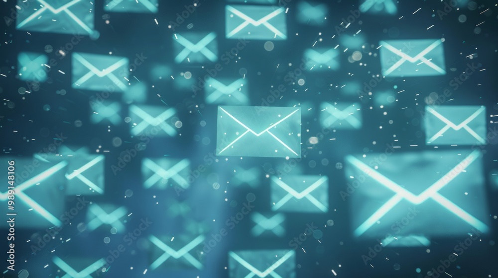 custom made wallpaper toronto digitalE-mail icons in glowing effect on dark blue background. Symbols shaped like '@', white outline, scattered layout create dynamic, light-filled impression of movement through digital space.