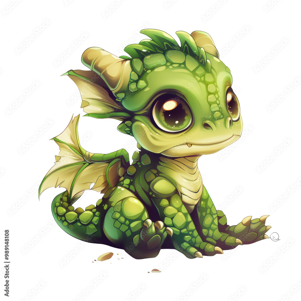 Fototapeta premium A cute green baby dragon with big eyes and a small wing sits on the ground with a friendly expression.