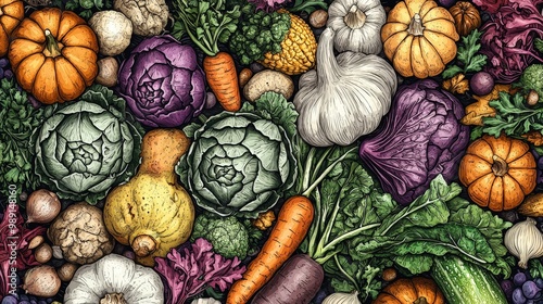 This vibrant collection features an array of fresh vegetables like purple cabbages, carrots, and pumpkins, artfully arranged on a textured wooden surface, showcasing their natural colors photo