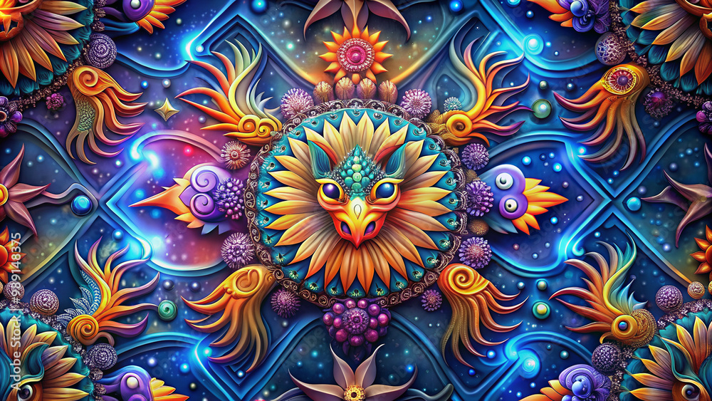 Fantasy bull alebrije surrounded by glowing flowers and cosmic patterns – Alebrije de toro fantástico rodeado de flores brillantes y patrones cósmicos. Fantasy bull alebrije surrounded by glowing flowers and cosmic patterns – Alebrije de toro fantástico rodeado de flores brillantes y patrones cósmicos.